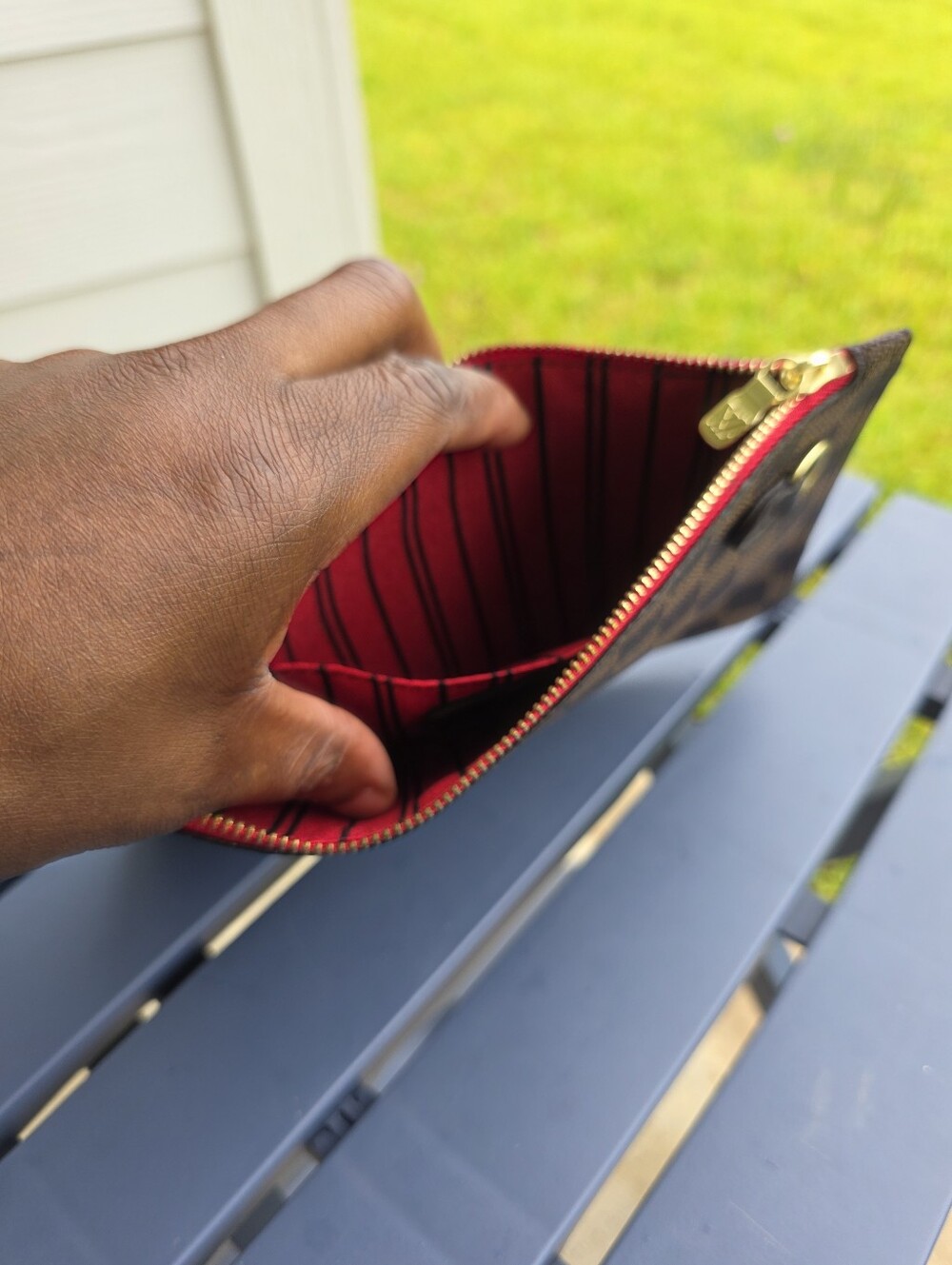 Louis Vuitton Damier Ebene Neverfull Pochette Wristlet Pouch Clutch Red Lining - Picture 7 of 8